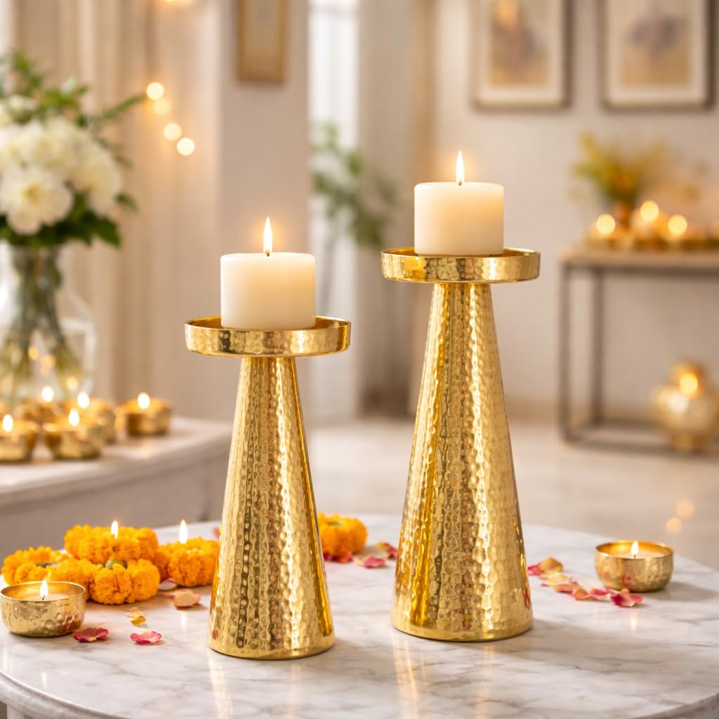 CentraLit Set of 2 Candle Stand for Home Decor | Modern Hammered Candle Holder Stand with Brass Gold Finish | Diwali Home Decor Candle Stand for Living Room, Altar & Christmas Decoration