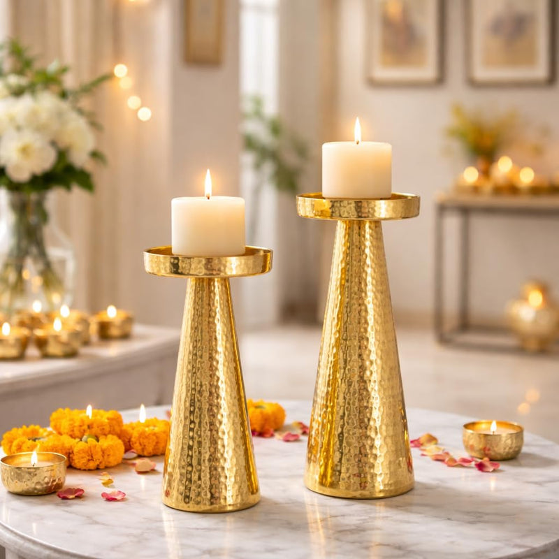 CentraLit Set of 2 Candle Stand for Home Decor | Modern Hammered Candle Holder Stand with Brass Gold Finish | Diwali Home Decor Candle Stand for Living Room, Altar & Christmas Decoration