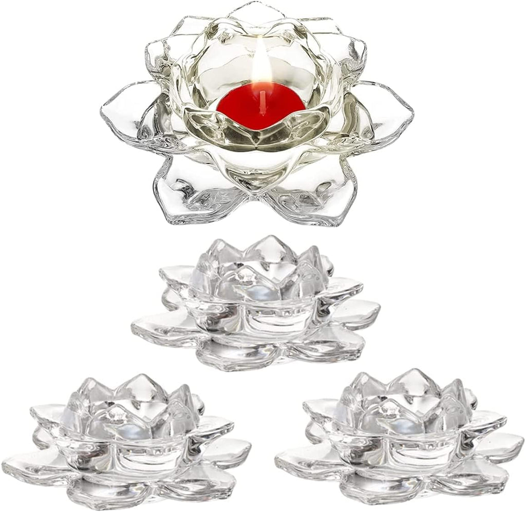 Home Brilliant 4 Piece Glass Lotus Flower Candle Holders Diya Votive Activity Tealight Holders Pillar Holders for Home Decoration Party Wedding Decoration
