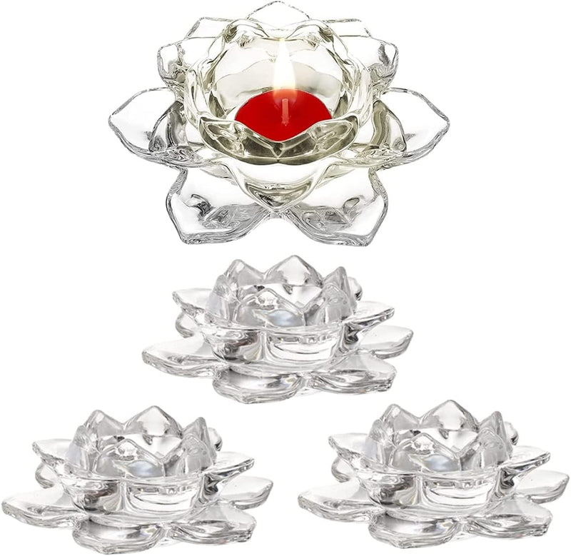 Home Brilliant 4 Piece Glass Lotus Flower Candle Holders Diya Votive Activity Tealight Holders Pillar Holders for Home Decoration Party Wedding Decoration