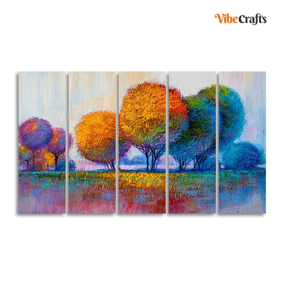 VIBECRAFTS Colorful Trees Premium Canvas Wall Painting of Five Pieces For Home|Office|Living Room|Gift (PTVC5Pcs4_8652)