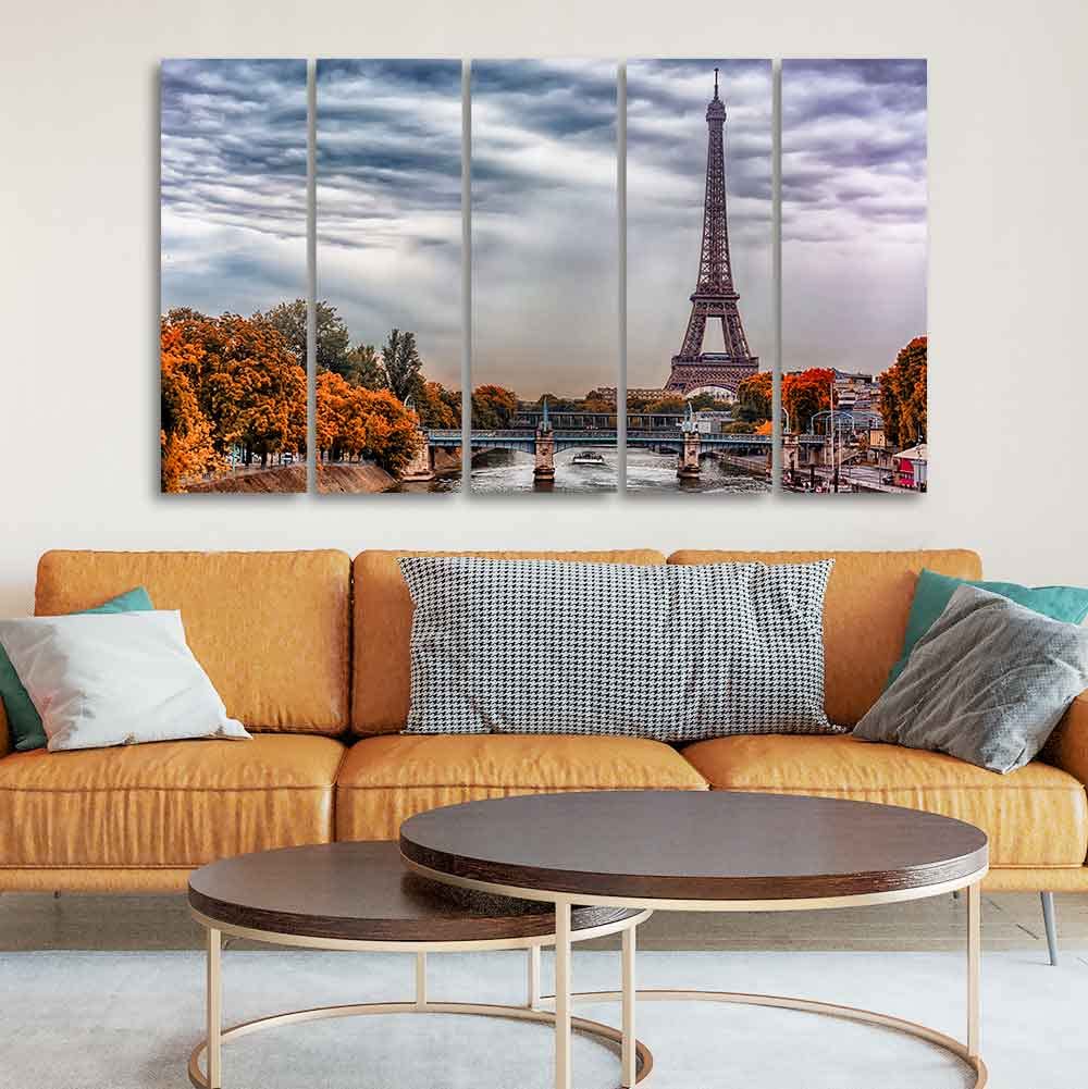VIBECRAFTS Eiffel Tower and Seine River Bedroom Wall Painting of Five Pieces For Home|Office|Living Room|Gift (PTVC5Pcs4_8657)