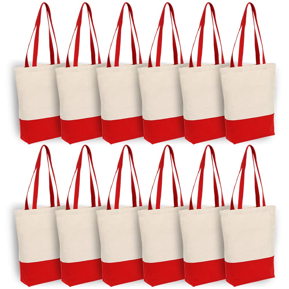 Heavy Duty 12 oz Cotton Canvas Tote Bag with Bottom Gusset Grocery Beach Shopping Bag 17x14x4 Inches (Red - 12 Pack)