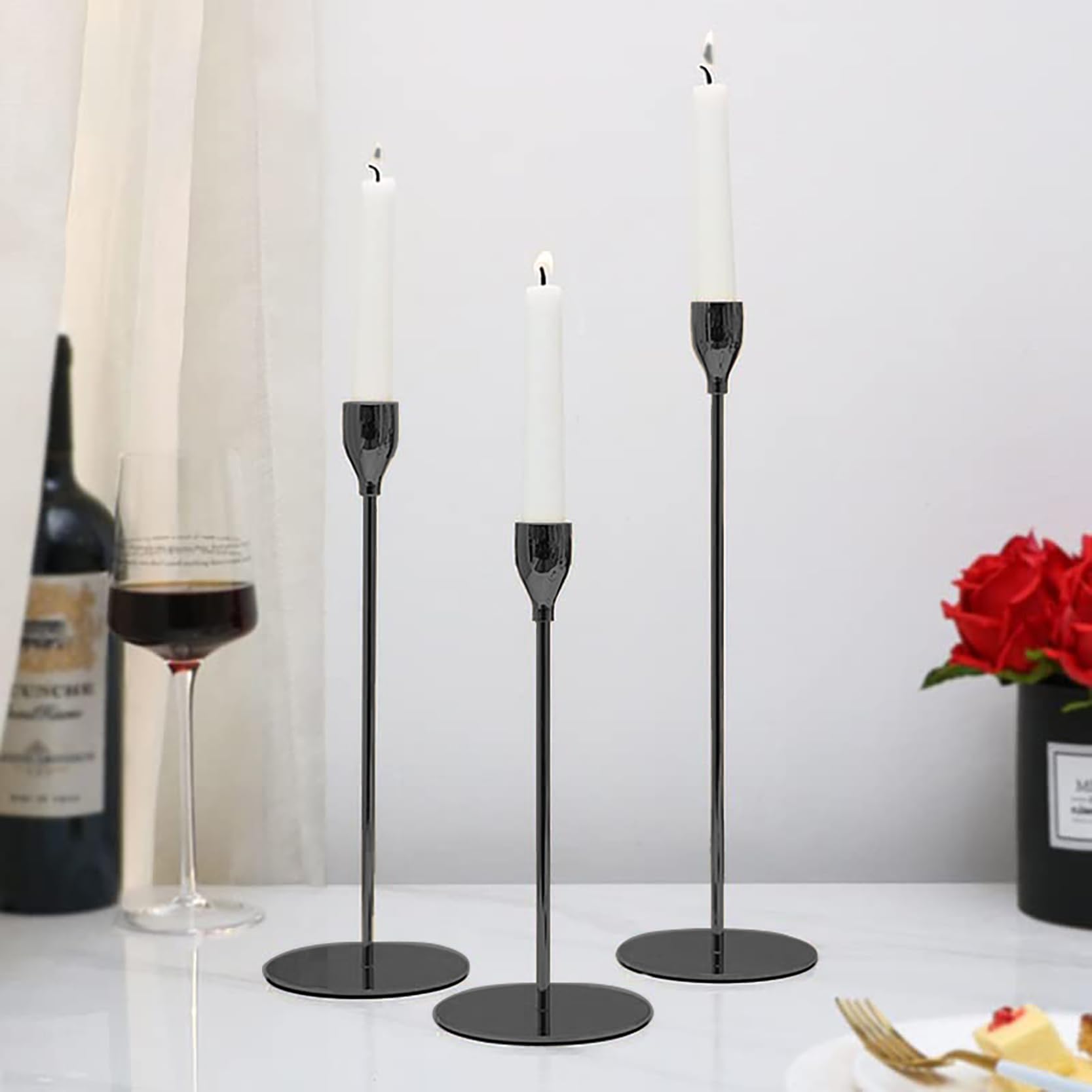 The Purple Tree Royal Candle Holders for Tapered Candles, Black, Pack of 3, Christmas, Diwali, Wedding, Dining Table