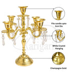 Extreme Karigari Premium 12 Inch Golden Aluminum 5-Arm Candle Stand with Crystal Hangings | Luxury Centerpiece for Home Décor, Weddings, Festive Decoration & Dining Table