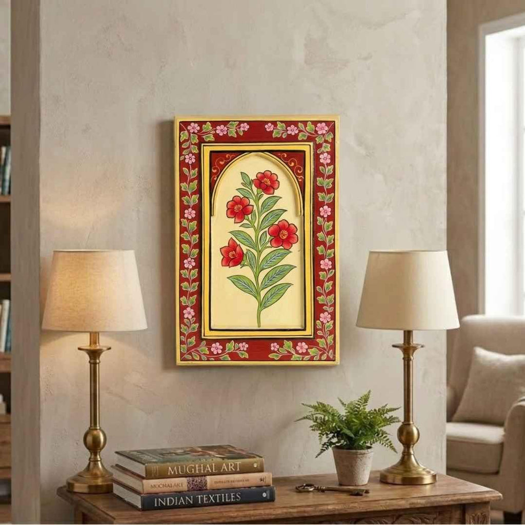 ATRANGI STUDIO Gulnar Handpainted Wooden Wall Frame | Rajasthani Traditional Craft | Decorative Floral Wall Hanging Art for Living room, Bedroom, Office | 12×18 Inch, Red