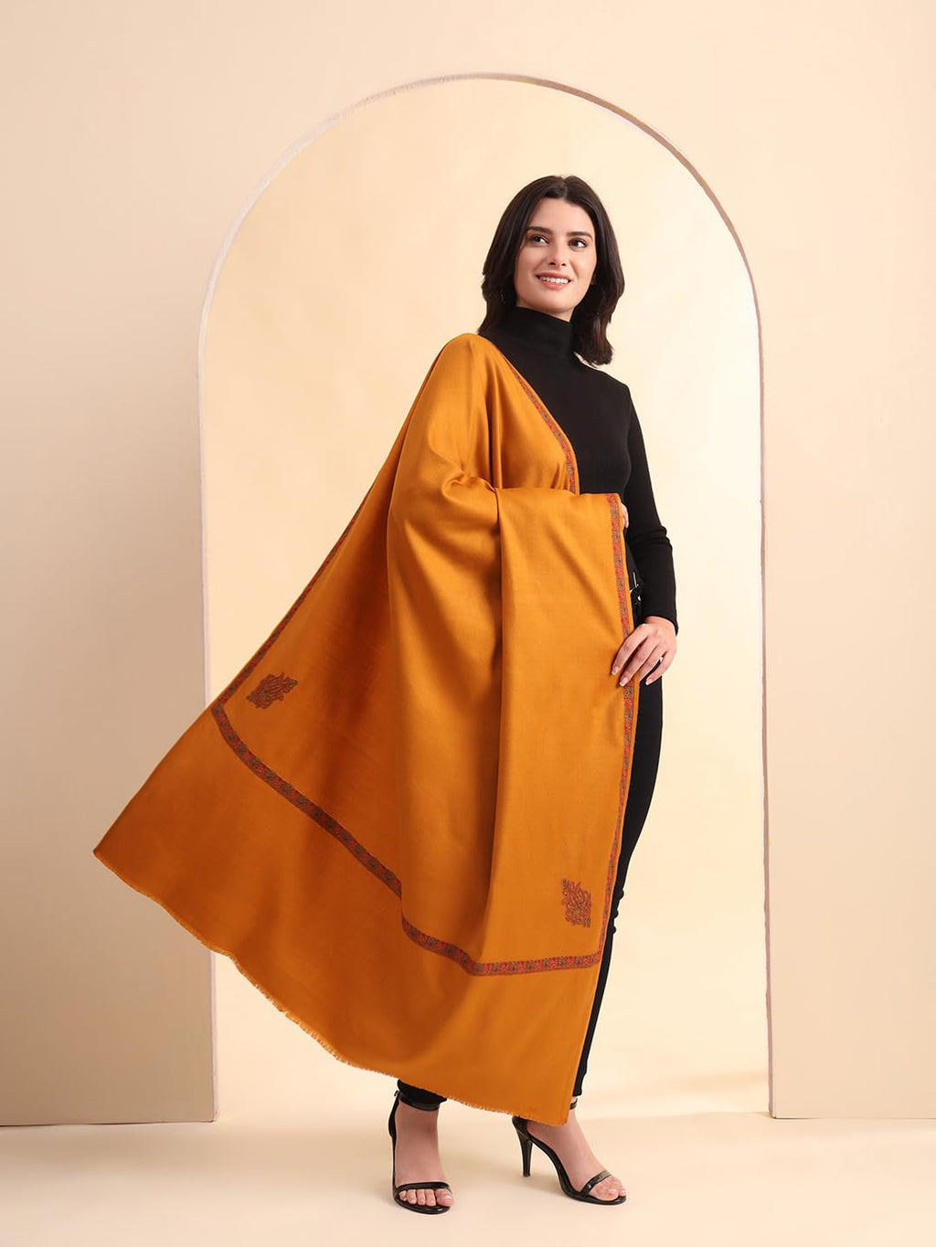 Zamour Kashmiri Pashmina Style Fine Kingri Embroidery Woollen Shawls for Winter (Mustard)