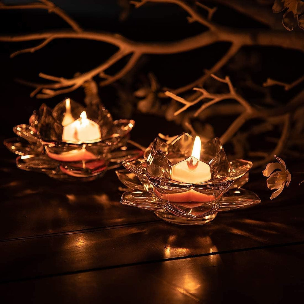 WQR Premium Glass Lotus Flower Tea Light Candle Holder Exquisite Crystal Diya for Diwali | Perfect and Creative Decoration in Dipawali Christmas Eid Wedding Party | Best Gift Set of (Diva- 1)