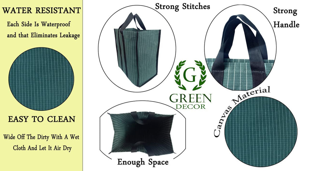 GREEN DECOR Waterproof Cotton Canvas Super Strong Heavy Duty Reusable Milk Bag/Shopping/Grocery/Vegetable Bag with Reinforced Handles & Thick Bottom for Strength (Green,16X8X13 Inch) Pack of 2