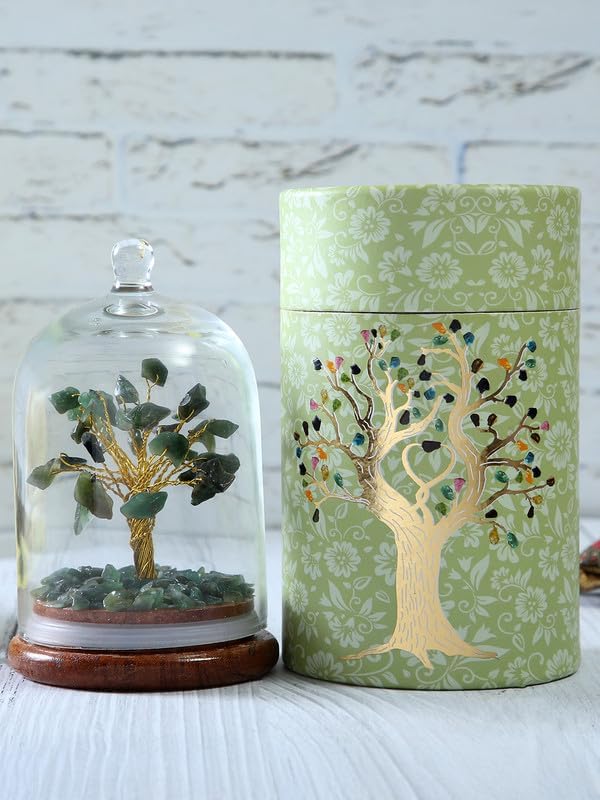 Luxe Art Handcrafted Aventurine Crystal Wish Tree with Glass Dome, 12 cm Decorative Feng Shui Gemstone Tree for Home Office, Wooden Base