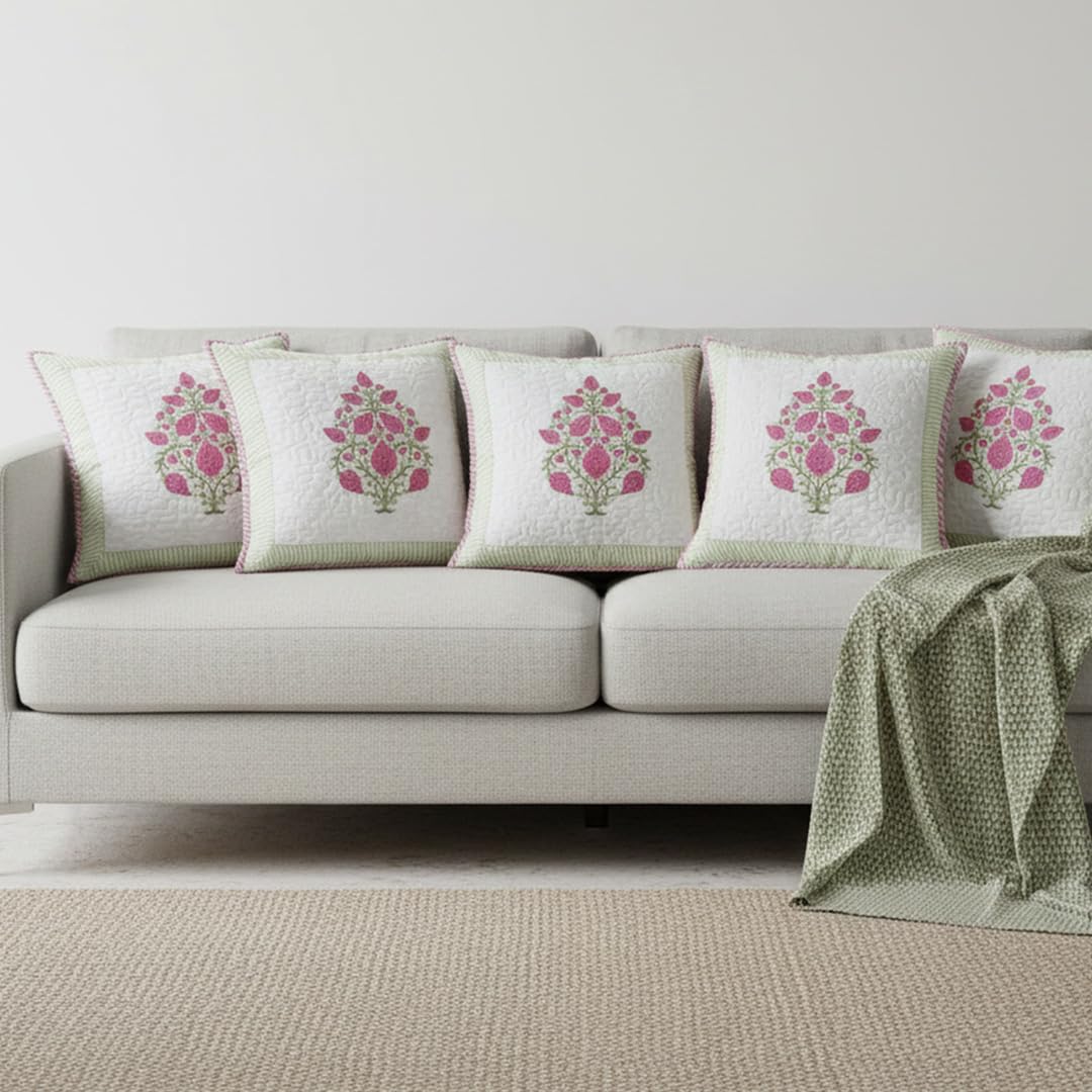 HOMEMONDE Set of 5 Cushion Covers 16x16 Inches – Premium Cotton 300 TC, Floral Hand Block Print, Soft Decorative Pillow Cases for Living Room – Pink (40x40 cm)