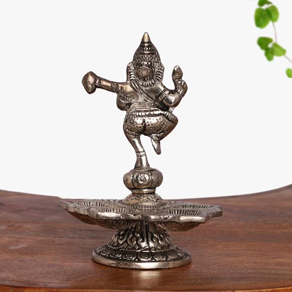 INTERNATIONAL GIFT Silver Plated Dancing Lord Ganesha Idol with Diya – Showpiece for Mandir, Pooja & Home Décor