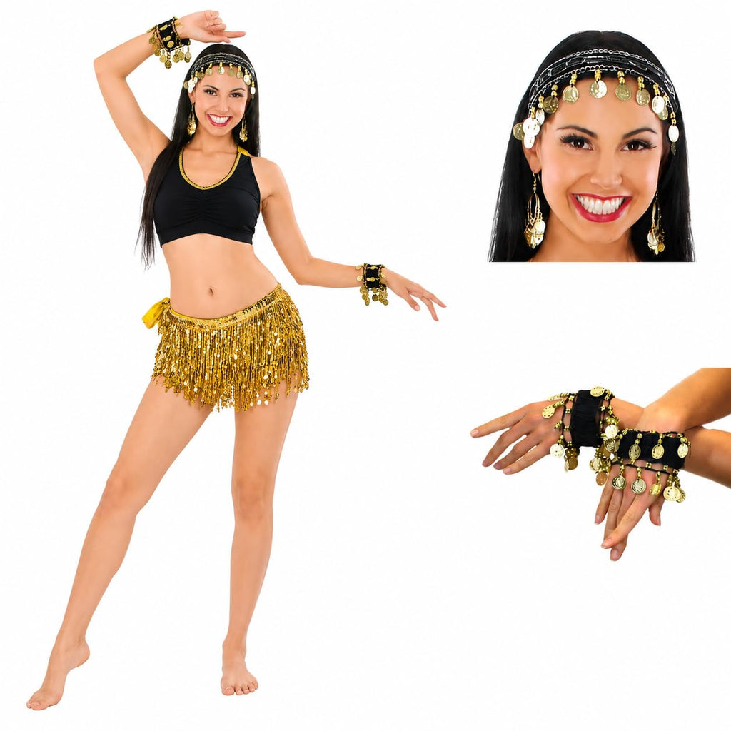 VRITRAZ Women's Chiffon Belly Dance Hip Scarf Waistband Belt Colors Beads and Golded Coins (Gold, Pack of 3)