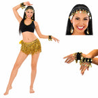 VRITRAZ Women's Chiffon Belly Dance Hip Scarf Waistband Belt Colors Beads and Golded Coins (Gold, Pack of 3)