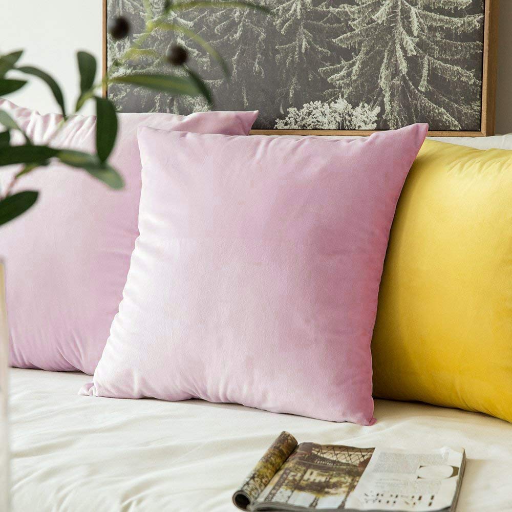 Khooti Velvet Cushion Cover, 24x24 Inch | Baby Pink | Pack of 3 | Solid Plain Soft & Smooth, Decorative Cushion Covers for Living Room, Bedroom, Couches, Chairs, Sofas, Beds & Home Decor