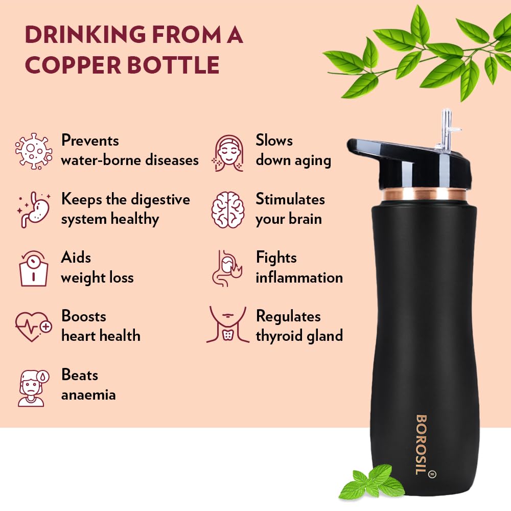 Borosil Black Colour Copper Sipper Bottle 750 ml, 100% Pure Copper, BPA Free & Leakproof with Anti-Oxidant Properties of Copper, For Home, School & Office