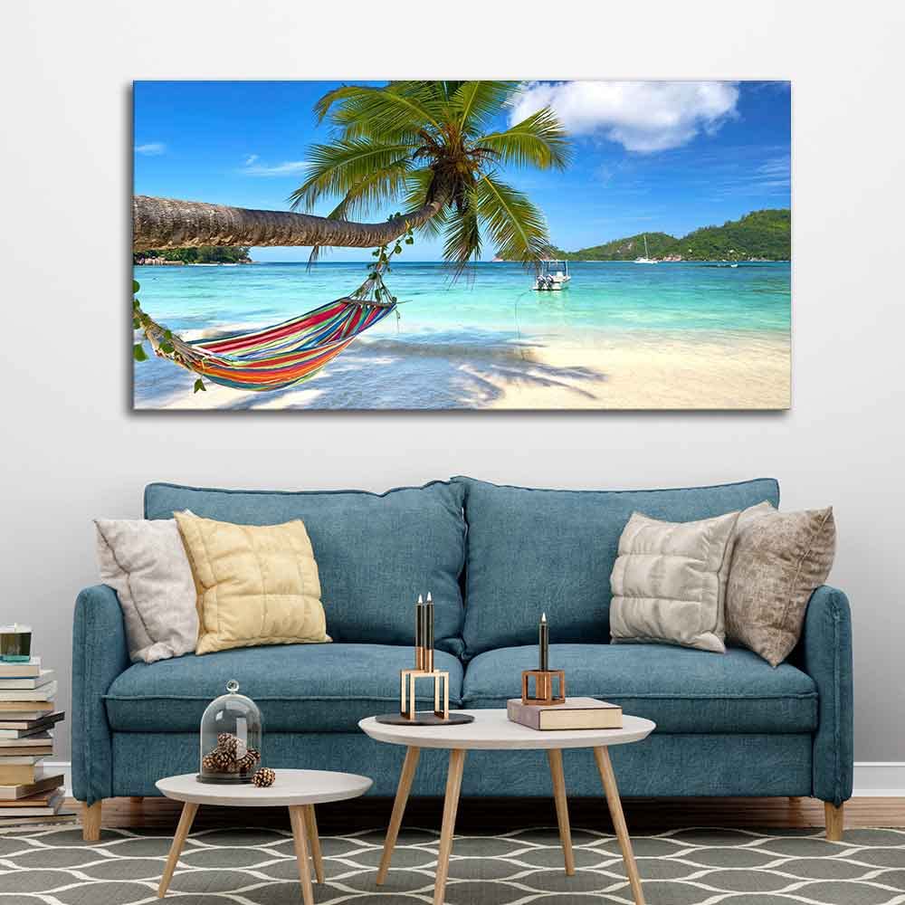 VIBECRAFTS Canvas Paintings for Living Room Drawing Room Perfect Beach with Palm Tree and Hammock Canvas Wall Hanging for Home|Office|Gift(PTVCH_2384)