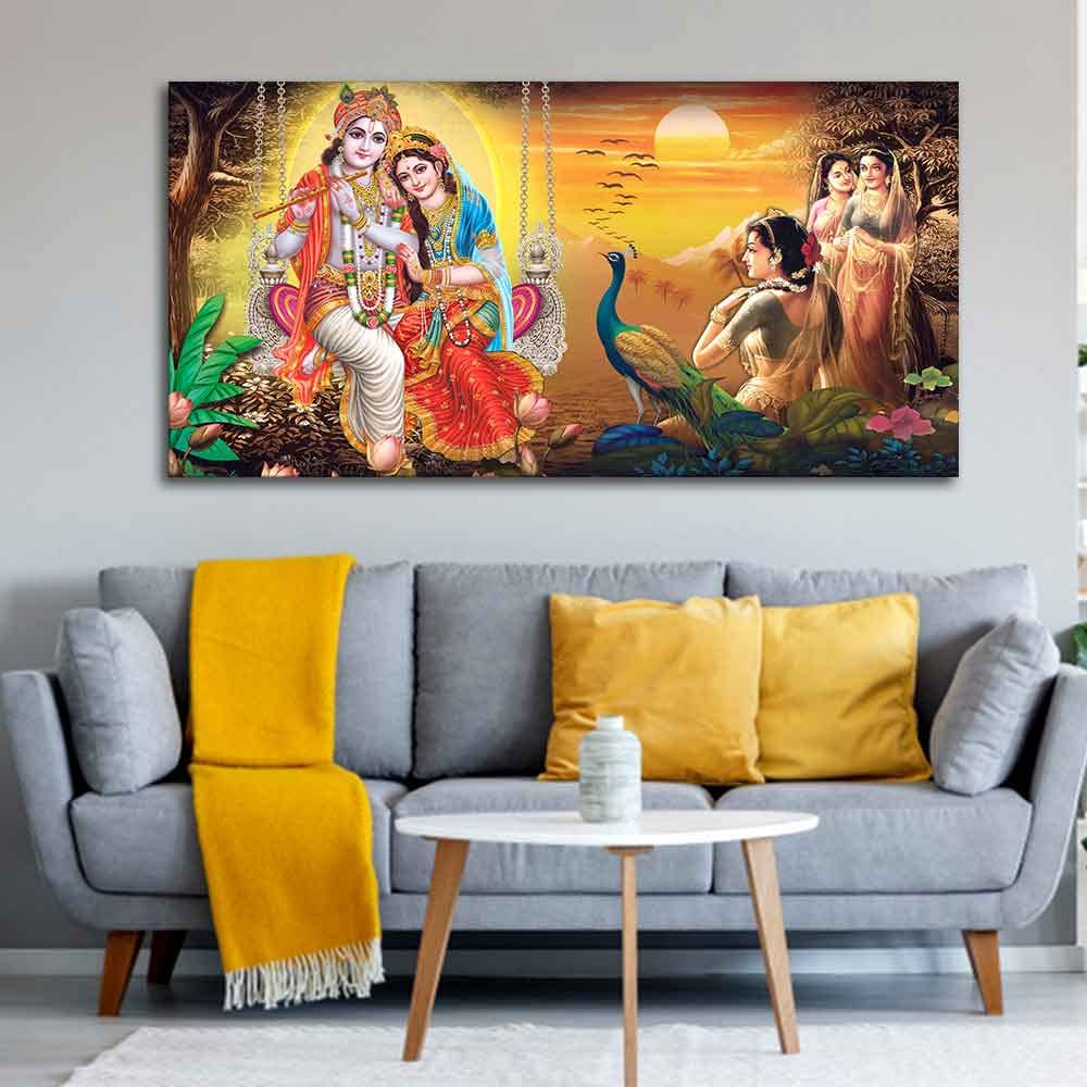 VIBECRAFTS Canvas Paintings for Living Room Drawing Room Canvas Wall Painting of Radhe Shyam in Forest for Homedecore|Office|Gift|Livingroom|Bedroom(PTVCH_2395)(48 x 24 Inches)