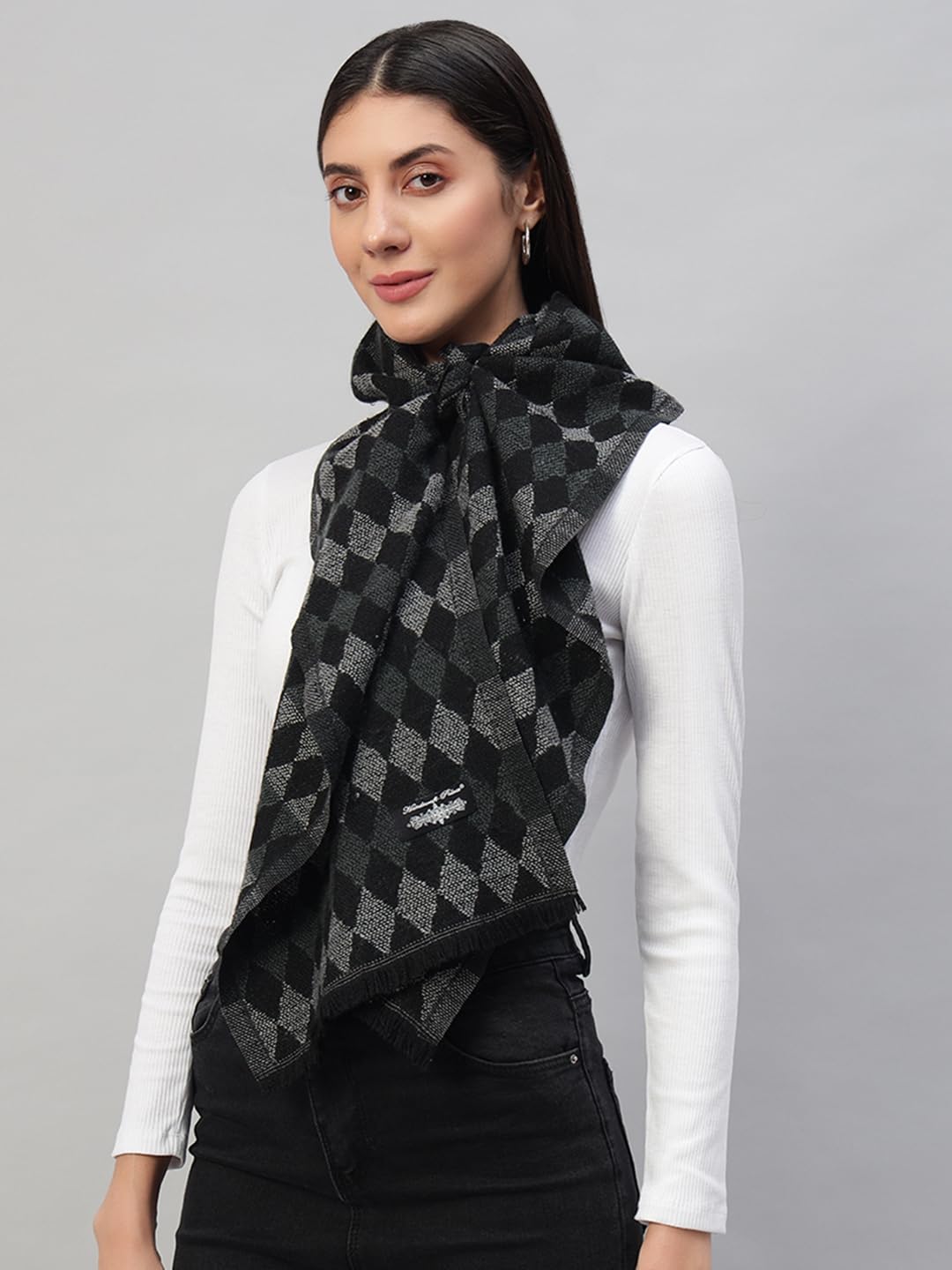 Ravaiyaa - Attitude is everything Women Woolen Ikat Design Casual Warm Winter Wear Muffler Scarf Stole 72x14 Inch (Black & Grey Check)