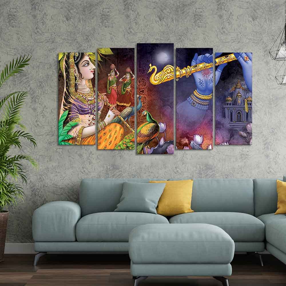 VIBECRAFTS Five Pieces Wall Painting Set of Radha Krishna Warli Art For Home|Office|Living Room|Gift (PTVC5Pcs2_6609)