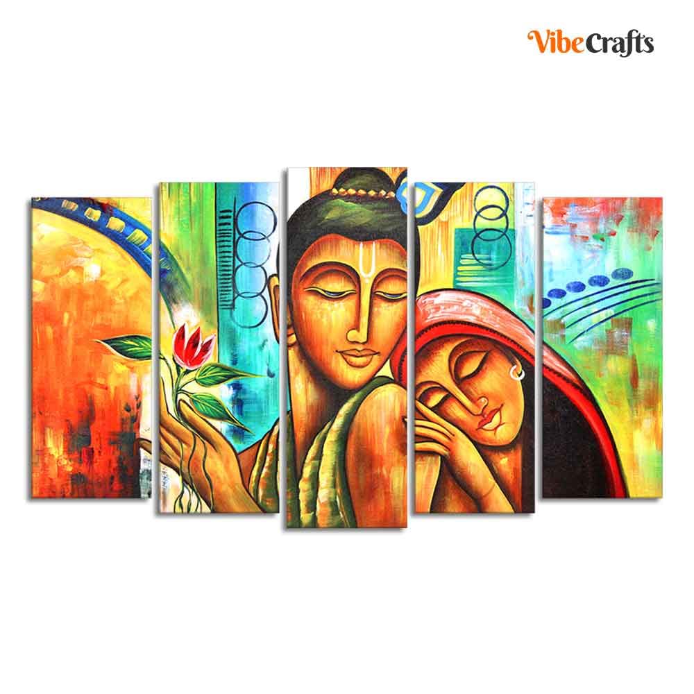 VIBECRAFTS Five Pieces Set Wall Painting of Radha Krishna For Home|Office|Living Room|Gift (PTVC5Pcs2_6576)