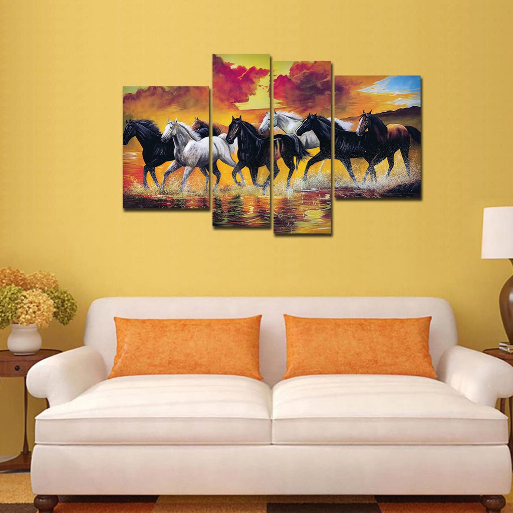 VIBECRAFTS Horses Running Through The Splashes Of Water 4 Pieces Canvas Wall Painting Fitted With Wooden Frame For Home | Office | Living Room |Gifts(PTVC4Pcs2_14503)