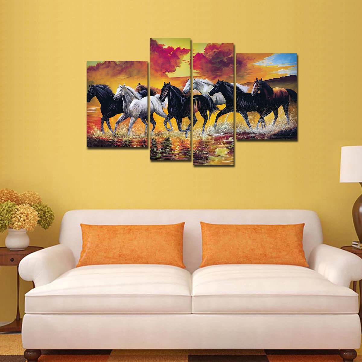 VIBECRAFTS Horses Running Through The Splashes Of Water 4 Pieces Canvas Wall Painting Fitted With Wooden Frame For Home | Office | Living Room |Gifts(PTVC4Pcs2_14503)