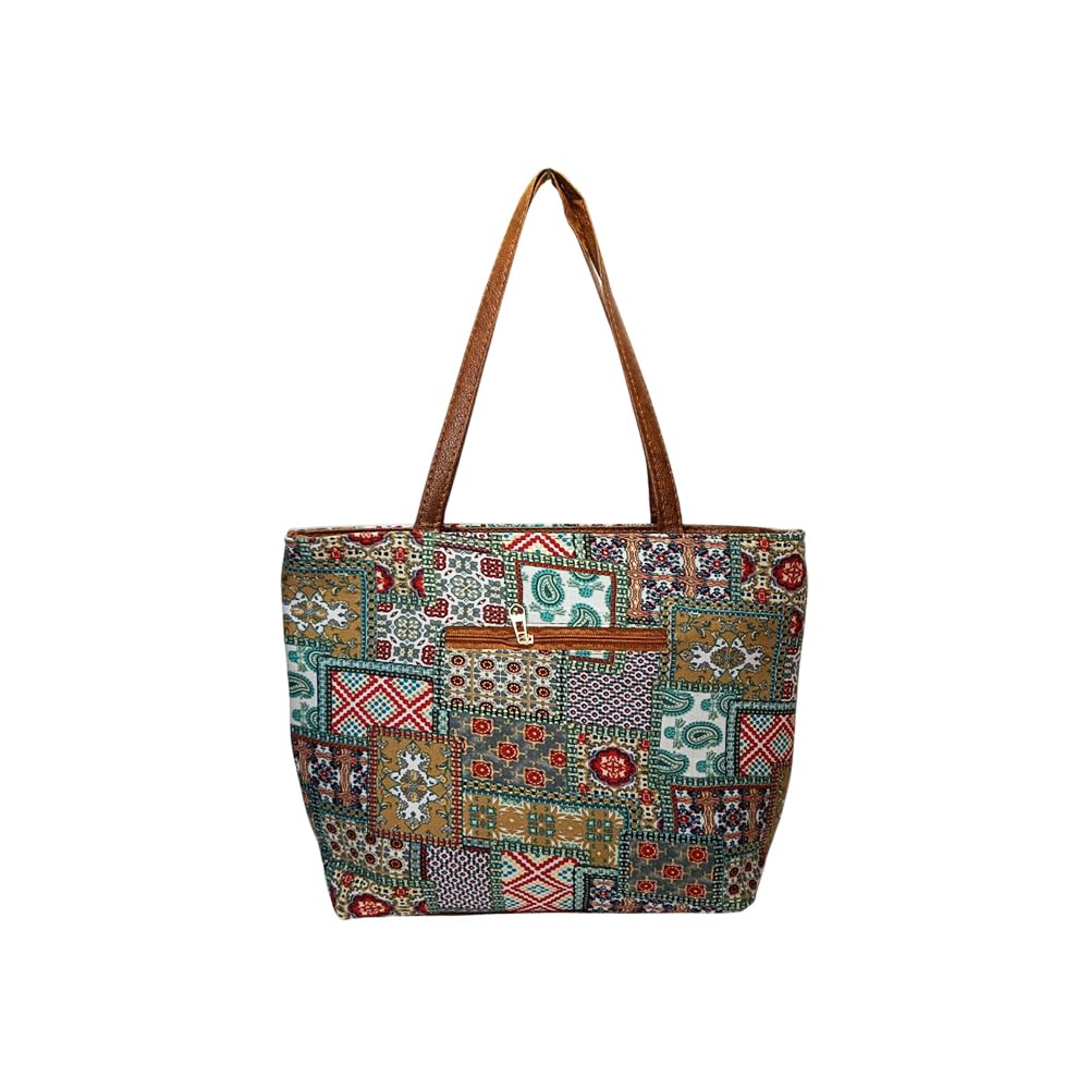 STYLE BA Women’s Stylish Tote Bag with Embroidery Print, Leather Handles & Multiple Zip Pockets | Big Size Handbag for Women | Office, College & Travel Tote Bag (32x30x8 cm)