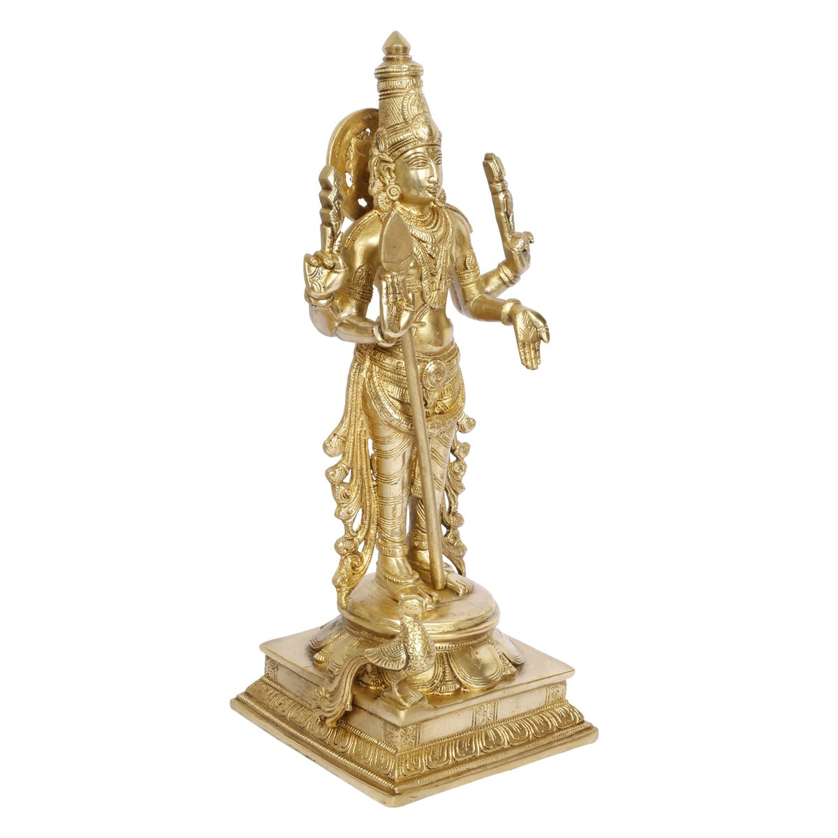 ARTVARKO Brass Lord Murugan Kartikeya Murugana Kumaraswamy Karthikeya Standing Idol with Peacock Swaminatha Skanda Murti Swami Ji Subrahmanya Swamy Height 14 Inch