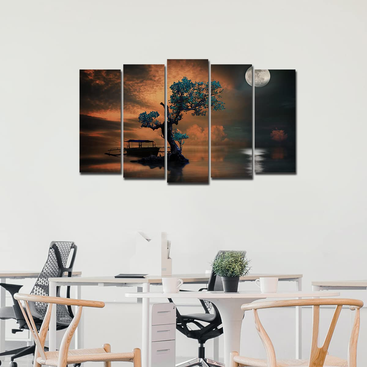 VIBECRAFTS Amazing Tree Under The Moon 5 Pieces Canvas Wall Painting For Home|Office|Living Room|Gift (PTVC5Pcs2_6512)