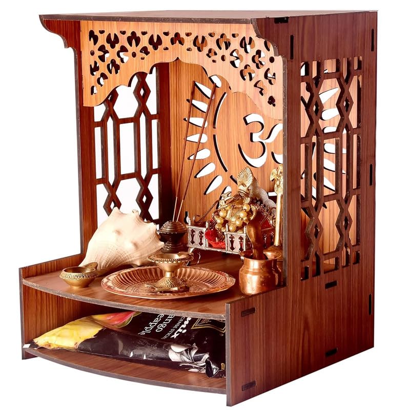 ZUPER Wood Fully Handmade Om Carved Pattern with LED Spot Light Home Temple I Temple for Office I Dev Ghar I Hanging Stand for Puja (Brown-5) (Pack of 1)
