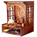 ZUPER Wood Fully Handmade Om Carved Pattern with LED Spot Light Home Temple I Temple for Office I Dev Ghar I Hanging Stand for Puja (Brown-5) (Pack of 1)