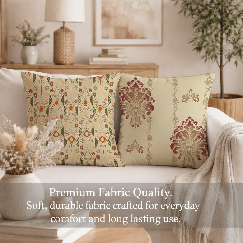 STITCHNEST Set of 2 Royal Damask & Ikat Collection Printed Jute Cushion Covers 16x16 Inches | Ethnic Decorative Throw Pillow Covers for Sofa, Living Room & Bedroom | Premium Home Decor