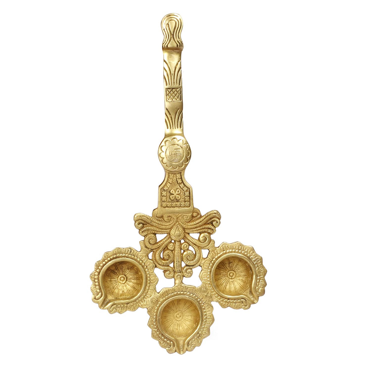 Artvarko Brass 3 Wick Diya with Handle for Aarti Pooja Incense Burner Loban Holder 6x12 Inches