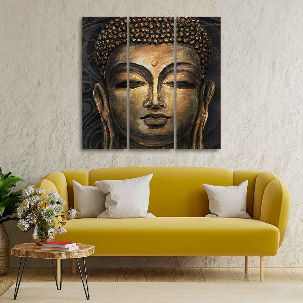 VIBECRAFTS Spiritual Buddha 3 Pieces Canvas Wall Painting Fitted With Wooden Frame For Home | Office | Living Room | Gifts (PTVC3Pcs1_9501)