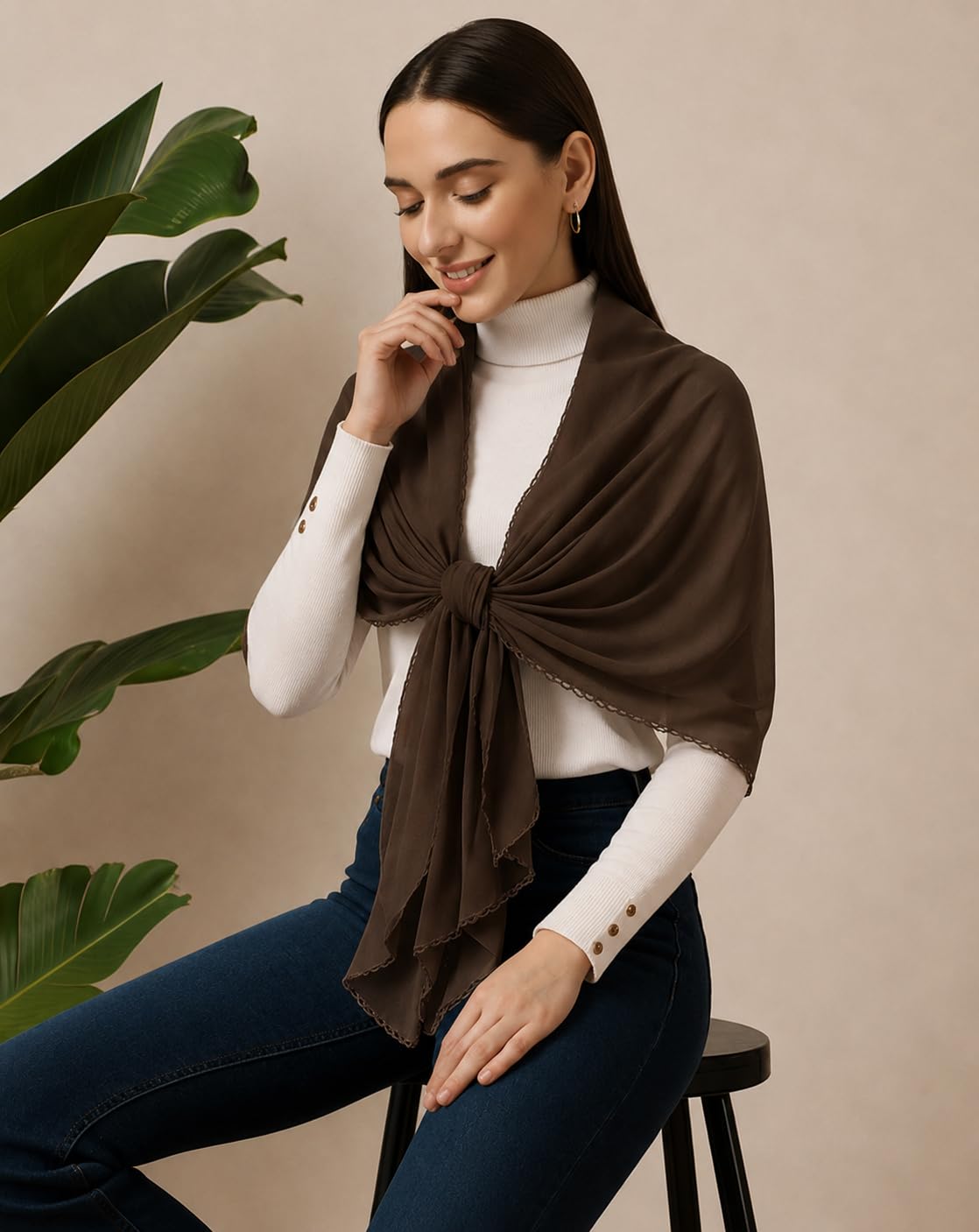 Ravaiyaa Women Solid Chiffon Scarves With Lace Border | Women Lightweight Breathable Solid Color Soft Chiffon Long Fashion Scarves Sun-proof Shawls Wrap (Brown)