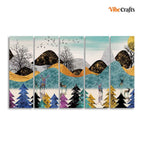 VIBECRAFTS Modern Art Forest Wall Painting Set of Five Pieces For Home|Office|Living Room|Gift (PTVC5Pcs4_8580)