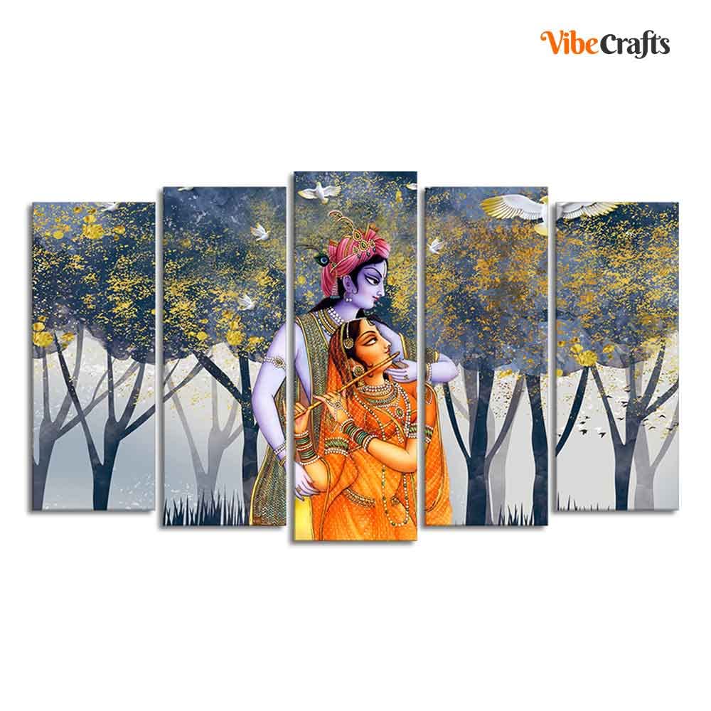 VIBECRAFTS Radhe Krishna Canvas Wall Painting of Five Pieces For Home|Office|Living Room|Gift (PTVC5Pcs2_6633)