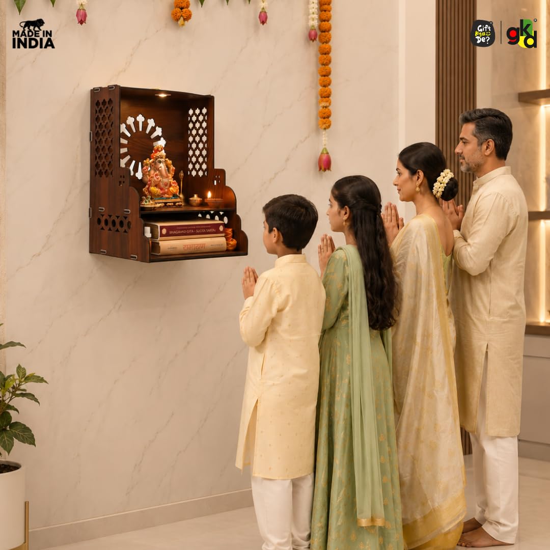 Gift Kya De Wooden Temple for Home | Pooja Mandir with LED Light, Drawer & Shelves | Wall Mounted or Tabletop Mandir with Floral Back Panel Design (DIY - H-15 x L-12 x W-10.5 Inch)