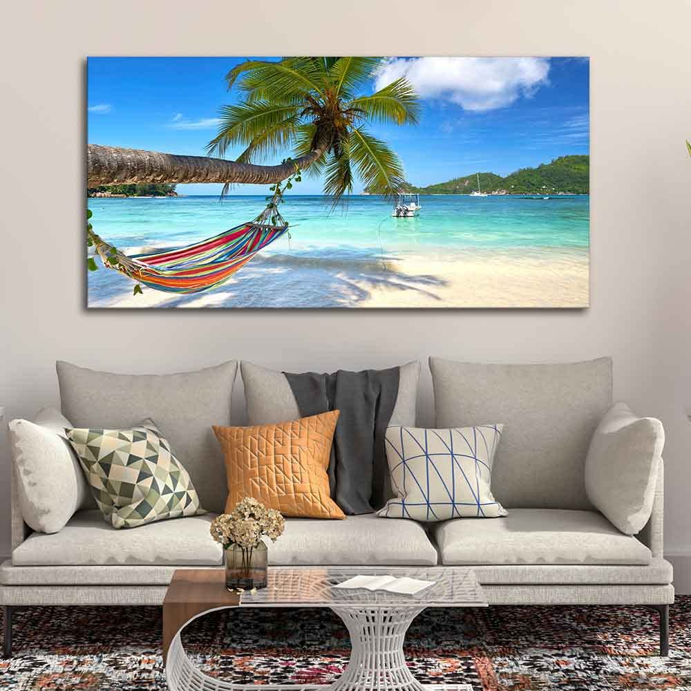 VIBECRAFTS Canvas Paintings for Living Room Drawing Room Perfect Beach with Palm Tree and Hammock Canvas Wall Hanging for Home|Office|Gift(PTVCH_2384)