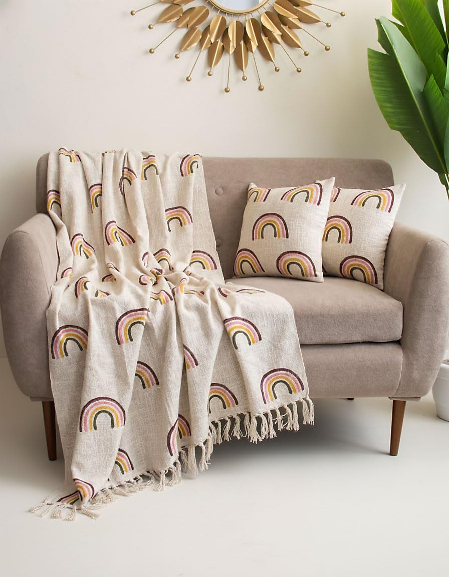 DMAASA Handwoven Cotton Sofa Throw Blanket with 2 pcs Cushion Covers Lightweight Decorative Couch & Bed Throw (Pack of 3, Rainbow Print)