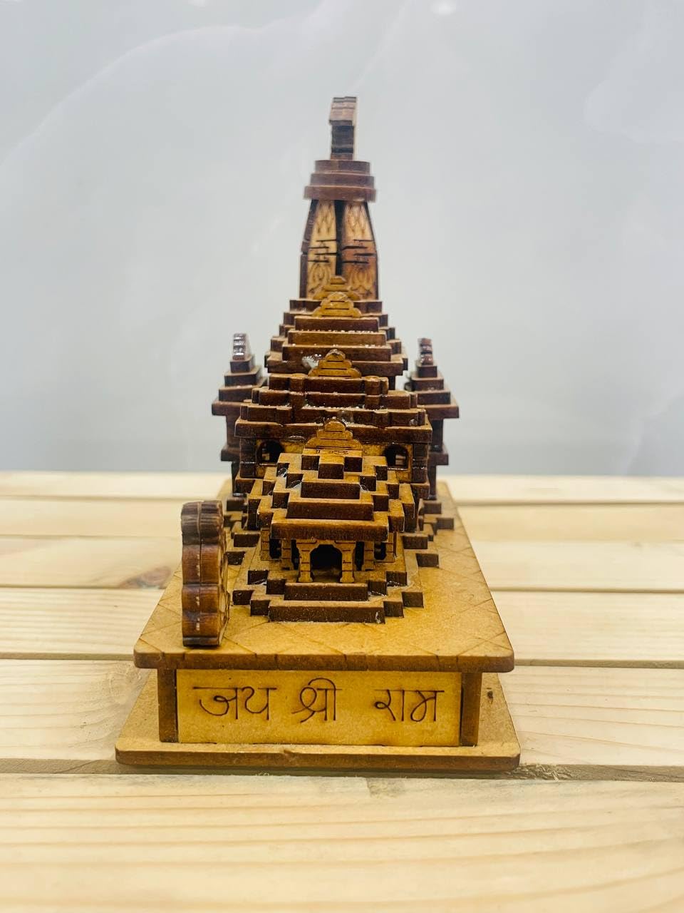 Generic Shri Ram Mandir Replica, Handcrafted Brown Wooden Temple Sculpture