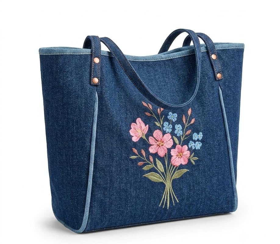 HaveGlam Women's Floral Denim Tote Bag Large Shoulder Handbag for Daily Use