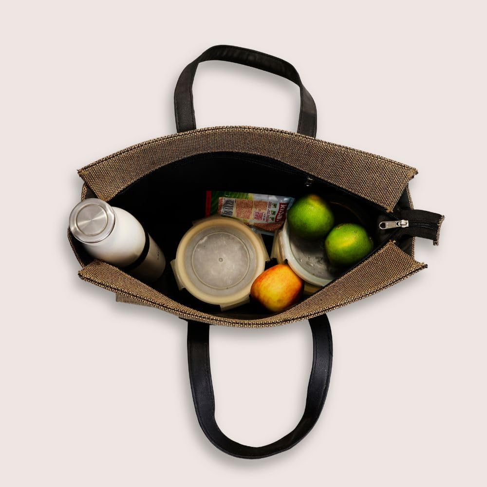 FOHOGO Jute Bag for Unisex | Lunch Bag/Tiffin Bag/Carry Bag/Jute Bag | Tote Bag for office (Gold, Large (12”x16”x7”))