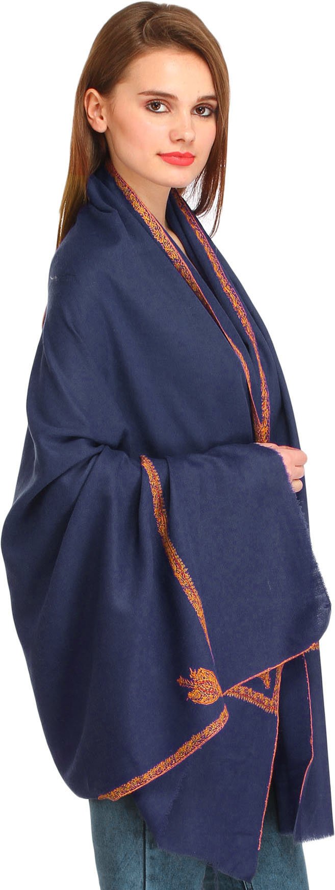 Exotic India Women's Plain Kashmiri Kingri with Sozni Hand-Embroidery on Border Pure Wool Shawl (SWJ26--twilight-blue)