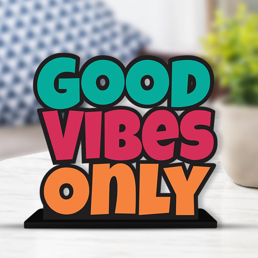 Artvibes Wooden Idols and Figurine Good Vibes Only Motivational Quotes Table Decoration for Office Desk | Home Decor Item | Living Room | Modern Art Wood Showpiece Gift Items (SP_1151), Inspirational