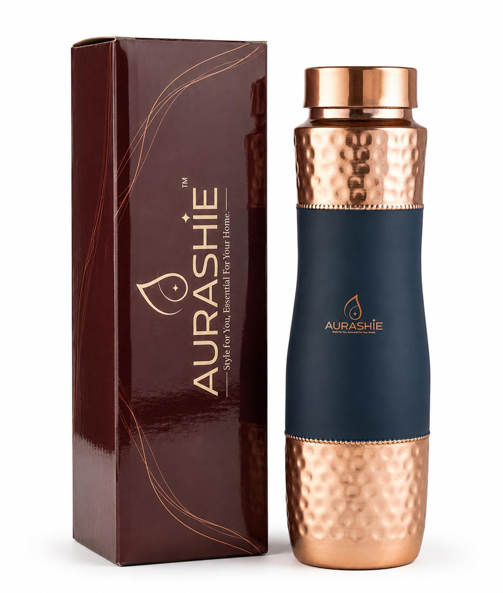AURASHIE Pure Copper Water Bottle 1 Litre | BPA Free & Leak Proof | Copper-Infused Water | Durable & Rust Proof | Ayurveda Health Benefits - Hammered Finish (Blue Grip Sleeve)