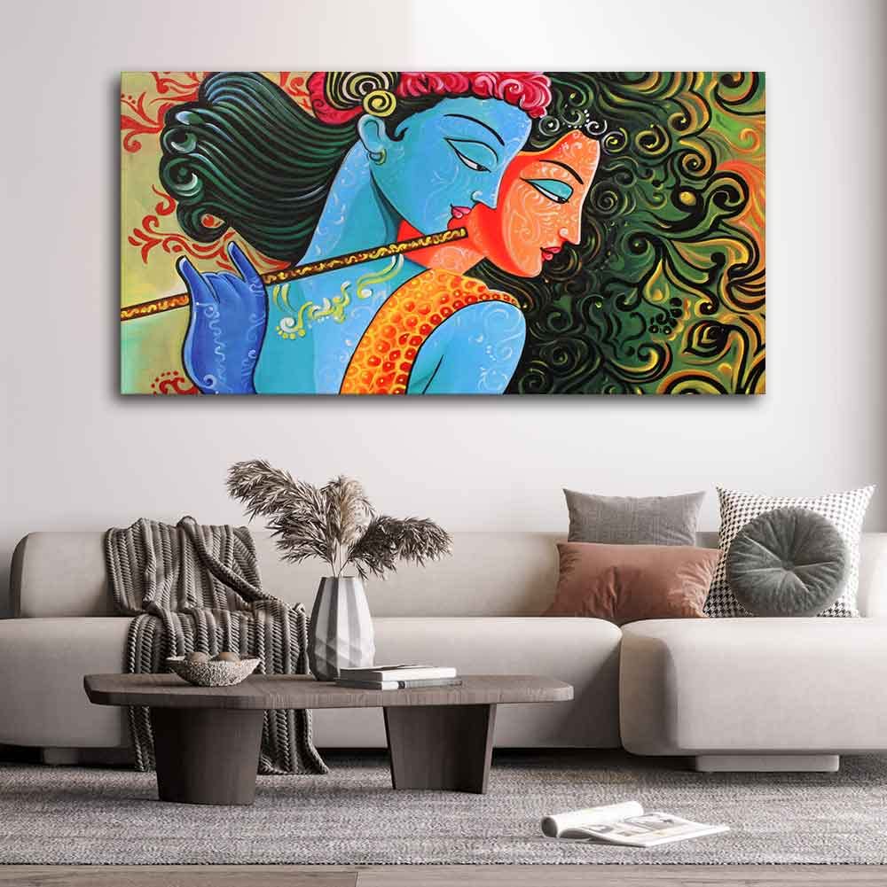 VIBECRAFTS Canvas Paintings for Living Room Drawing Room Radha Krishna With Flute Canvas Wall Painting Fitted With Wooden Frame For Home | Office | Living Room | Gift (PTVCH_2473)