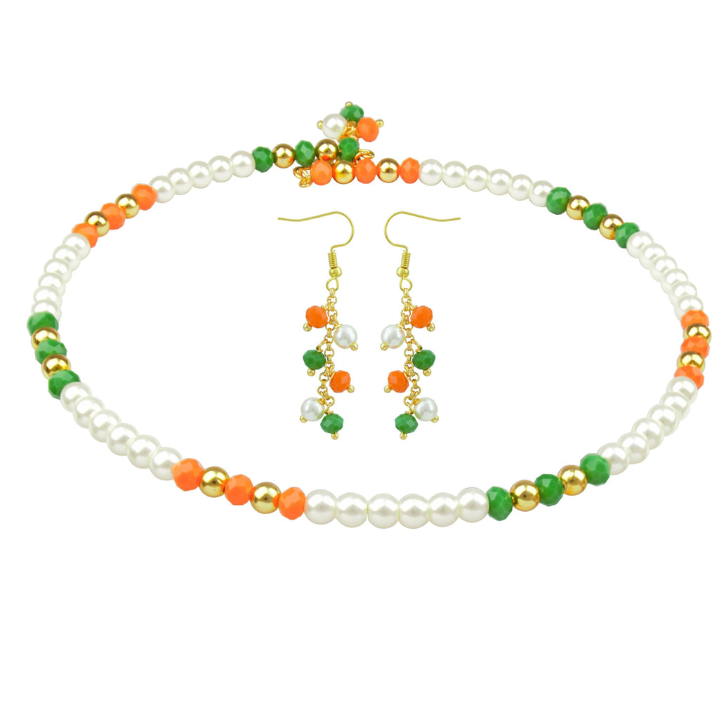JFL - Jewellery for Less Fancy Tricolour Handmade Pearls and Beaded Necklace Set for Women & Girls | Independence Day & Republic Day Jewellery | Fashion Necklace with Matching Earrings