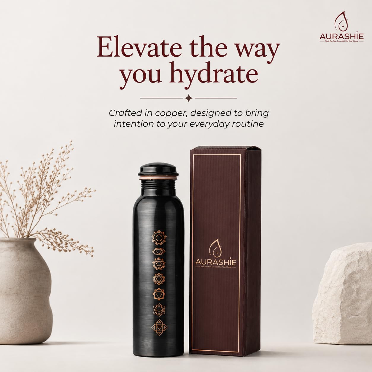 AURASHIE Pure Copper Water Bottle 1 Litre with Sacred (7 Chakras) Geometry Design | BPA Free & Leak Proof | Copper-Infused Water | Durable & Rust Proof | Ayurveda Health Benefits - (Antique Black)